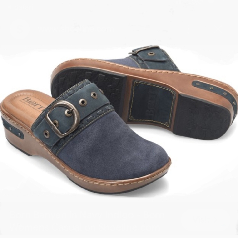 Born Banyan Clog Suede Buckle Strap Mules Boho Hippie Comfort Indigo Blue size 7